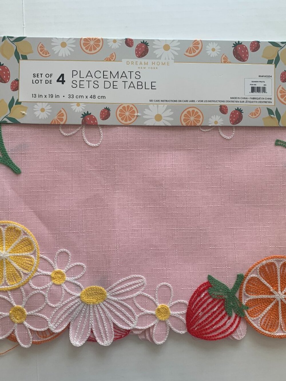 Dream Home New York Set of 4 Pink Floral & Fruit Placemats 13x19" Strawberries